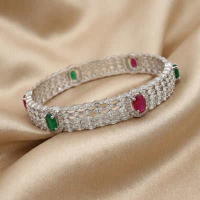 92.5 Sterling Fine Silver Bangles with Ruby and Emerald Accents (Pair)
