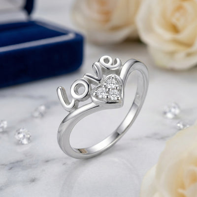 92.5 Fine Silver Elegant "Love" Script Ring with Zirconia Heart