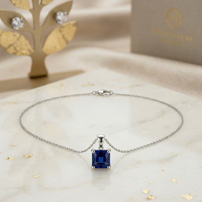 92.5 Fine Silver Elegant Square Blue Sapphire Zirconia Pendant