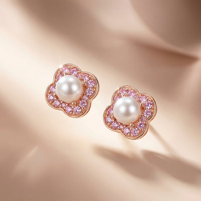92.5 Fine Silver Rose Gold Pearl Halo Stud Earrings