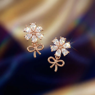 92.5 Fine Silver Gold-Plated Marquise Zirconia Floral Stud Earrings