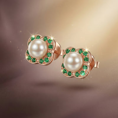 92.5 Fine Silver Rose Gold Pearl & Emerald Zirconia Square Studs