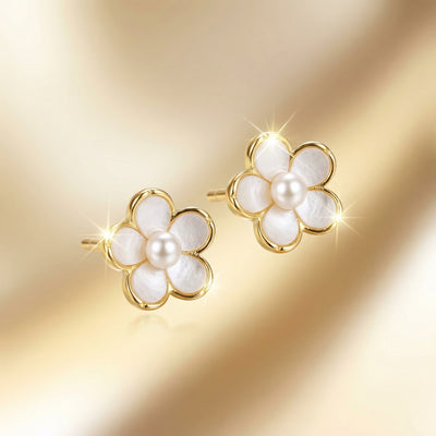 92.5 Fine Silver Gold-Plated Dainty Enamel Floral Stud Earrings