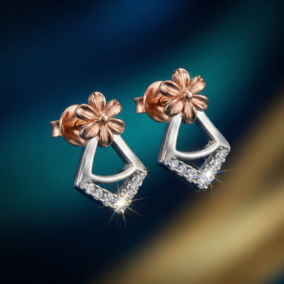 92.5 Fine Silver Dual-Tone Floral Geometric Drop Stud Earrings