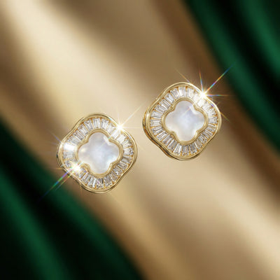 92.5 Fine Silver Gold-Plated Mother of Pearl & Baguette Zirconia Studs
