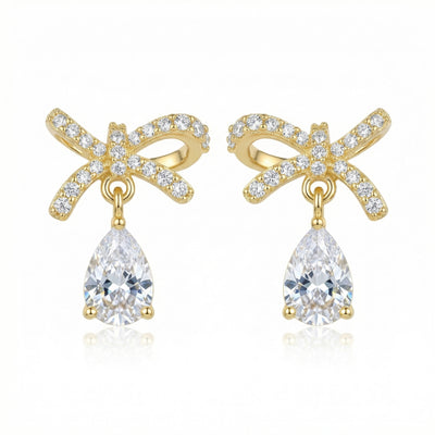 92.5 Fine Silver Gold-Plated Sparkling Zirconia Bow Drop Stud Earrings
