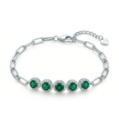 92.5 Fine Silver Emerald Zirconia Halo Paperclip Link Bracelet
