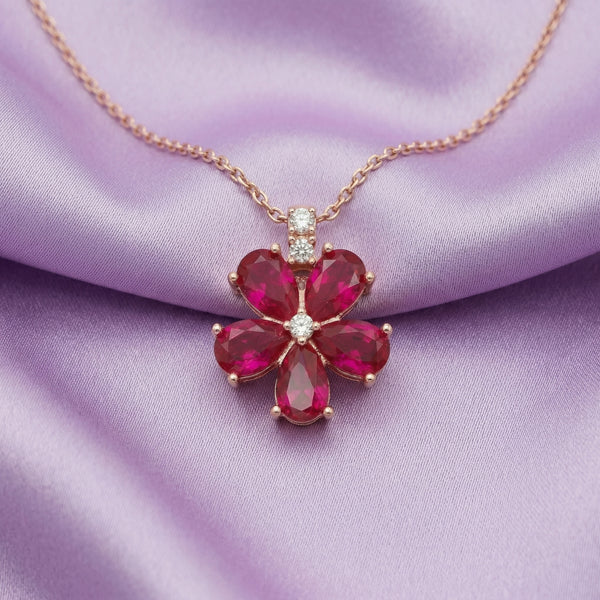 92.5 Fine Silver Ruby Pink Zirconia Floral Bloom Pendant