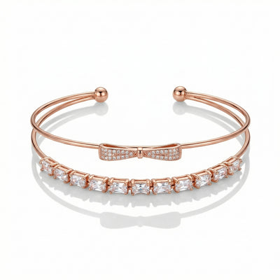 92.5 Fine Silver Rose Gold Bow & Baguette Zirconia Open Cuff Bracelet