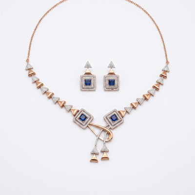 Rose Gold Sapphire Geometric Triangle Necklace Set