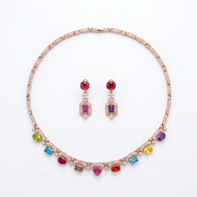 Rose Gold Rainbow Gemstone Necklace Set