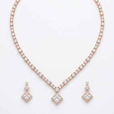 Rose Gold Princess-Cut Halo Tennis Necklace Set