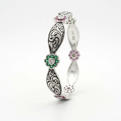 Oxidized Floral Meenakari Silver Bracelet