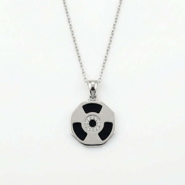 92.5 Fine Silver Octagonal Geometric Pendant with Black Enamel & Zirconia