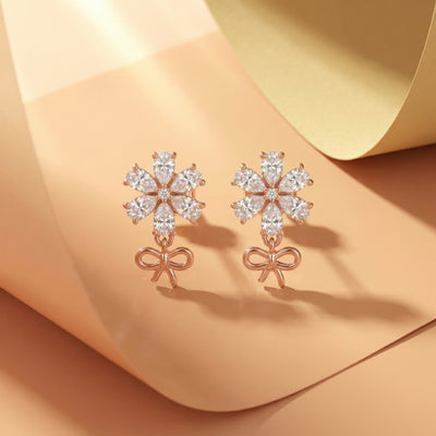 92.5 Fine Silver Gold-Plated Marquise Zirconia Floral Stud Earrings