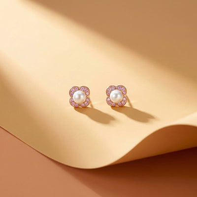 92.5 Fine Silver Rose Gold Pearl Halo Stud Earrings