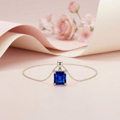 92.5 Fine Silver Elegant Square Blue Sapphire Zirconia Pendant