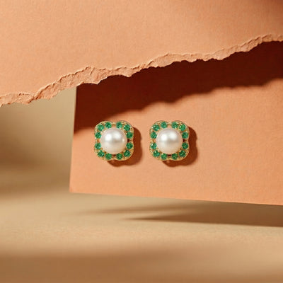 92.5 Fine Silver Rose Gold Pearl & Emerald Zirconia Square Studs