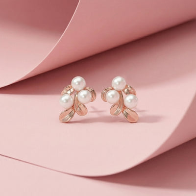 92.5 Fine Silver Rose Gold Pearl Cluster Leaf Stud Earrings