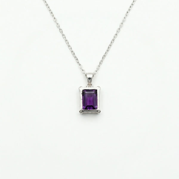 Silver Amethyst Purple Radiant-Cut Solitaire Pendant