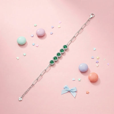 92.5 Fine Silver Emerald Zirconia Halo Paperclip Link Bracelet
